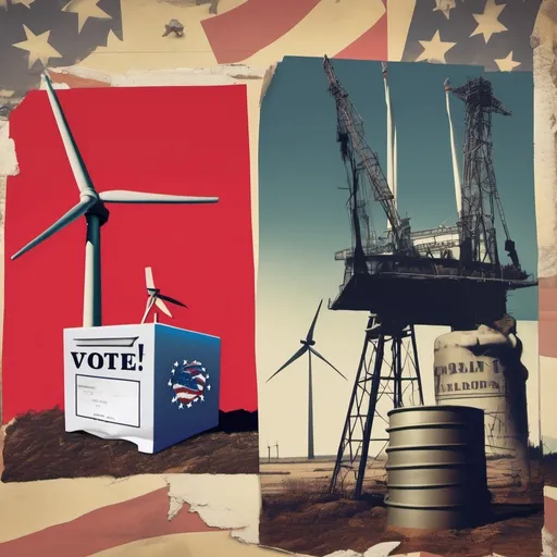 Prompt: collage art of US election ballot box with banks, wind turbines and oil drills in the background