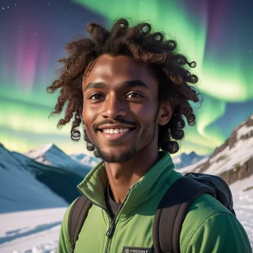 Prompt: Tall, dark-skinned humanoid alien, 6.4ft tall, athletic build, square jaw, light brown eyes, thick eyebrows, curly abundant hair, sparse beard, charming smile, mountain hiking, northern lights, highres, alien, athletic, mountain landscape, aurora borealis, detailed eyes, curly hair, enchanting smile, outdoor activity, serene atmosphere