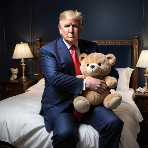 Prompt: Draw a picture of Donald Trump in the dark blue suit, giving up from his luxurious bed, holding a teddy bear
Make it realistic