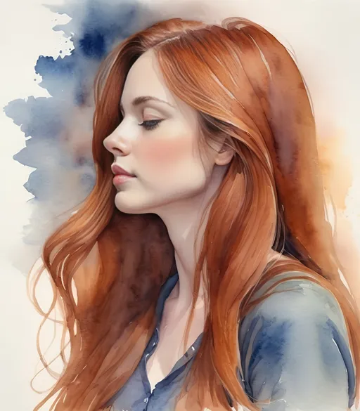 Prompt: a pretty young woman, profile picture head to waist, long auburn hair, she looks down thoughtfully with her eyes closed, in the style of a watercolour painting