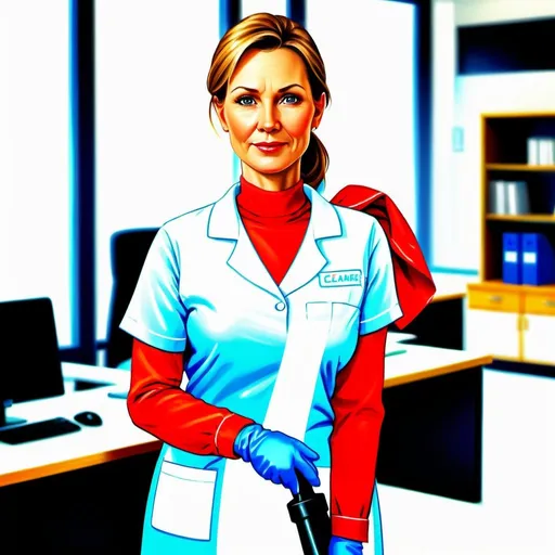 Prompt: Realistic illustration of a 45-year-old cleaner, white cleaning uniform, office setting, detailed facial features, professional cleaning equipment, high quality, realistic, detailed clothing, office cleaning, middle-aged, professional, realistic lighting