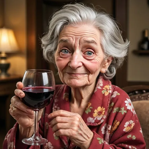 Prompt: Picture this: a wrinkled old lady with wild, gray hair, wearing a floral housecoat that's seen better days. She's holding a comically large wine glass, filled to the brim with red wine. Her eyes are slightly crossed, and there's a mischievous grin on her face. The whole scene has that exaggerated, bouncy quality of an animated cartoon.