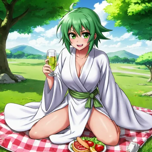 Prompt: Green_Hair, Puffy Dragon Girl, Drunk, Madness Extroverted, Confident, Soft-White_Robe, Blind Warrior of 50 Legions of Demons, Anime, Picnic Spring, Unsightly Moron