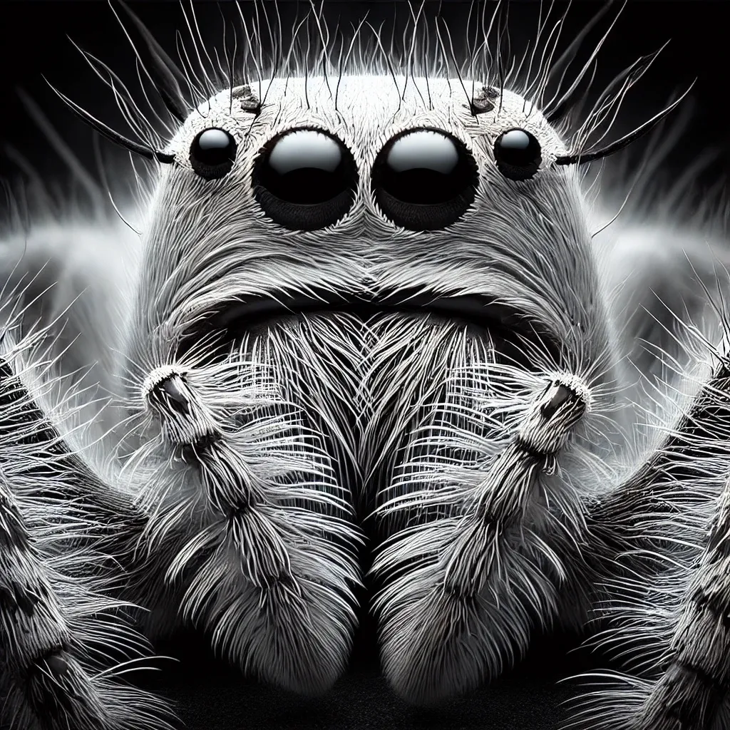 Prompt: an albino jumping spider, close up image, realistic photo, fade in black background, high resolution