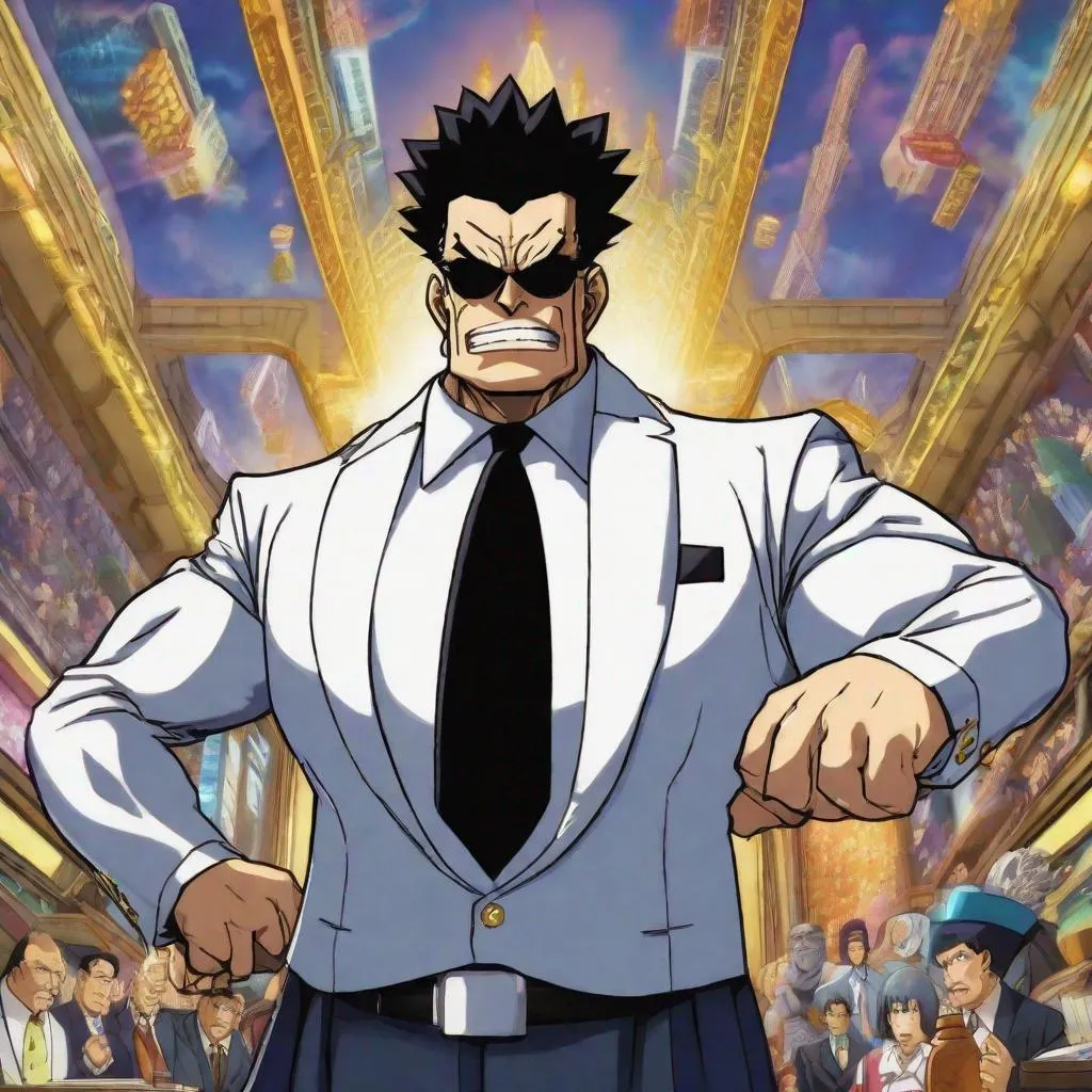 Prompt: Don Gordo, Business of Bold Mania, Super Imposing, Shot-from-Up, Anime, Full Suit of Shiny Glory and Power