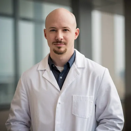 Prompt: Professional portrait photography of Genius Bald Man, White Lab Coat, Slightly Off-putting Demeanor But In General a Nice Guy