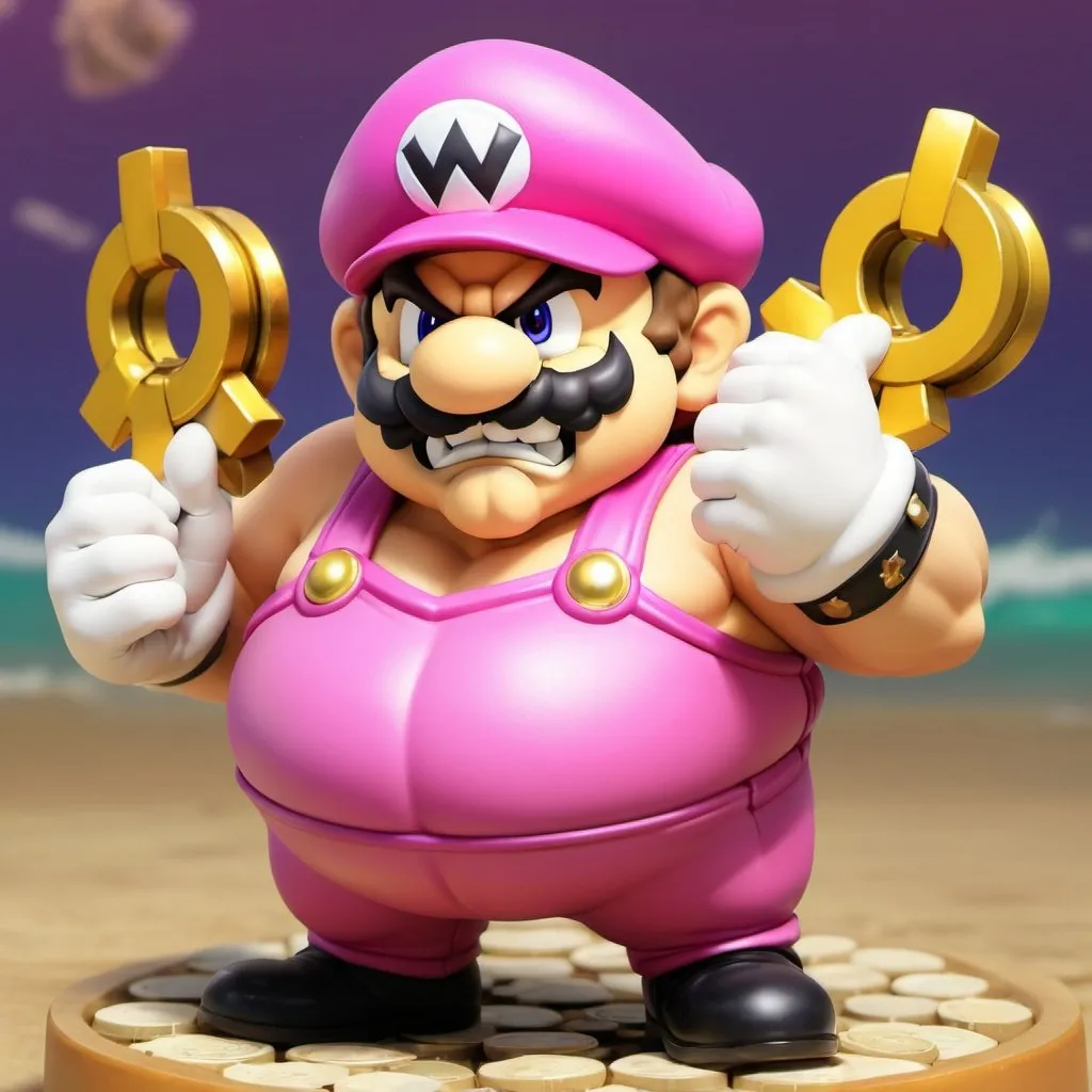 Prompt: Pink Ribbon Wario, Fat Farter, Coin World Omego Clause (qV-idle throw) Anime, Clay Iron Heat Mix, Gear, Expansion of Paradise Lost
