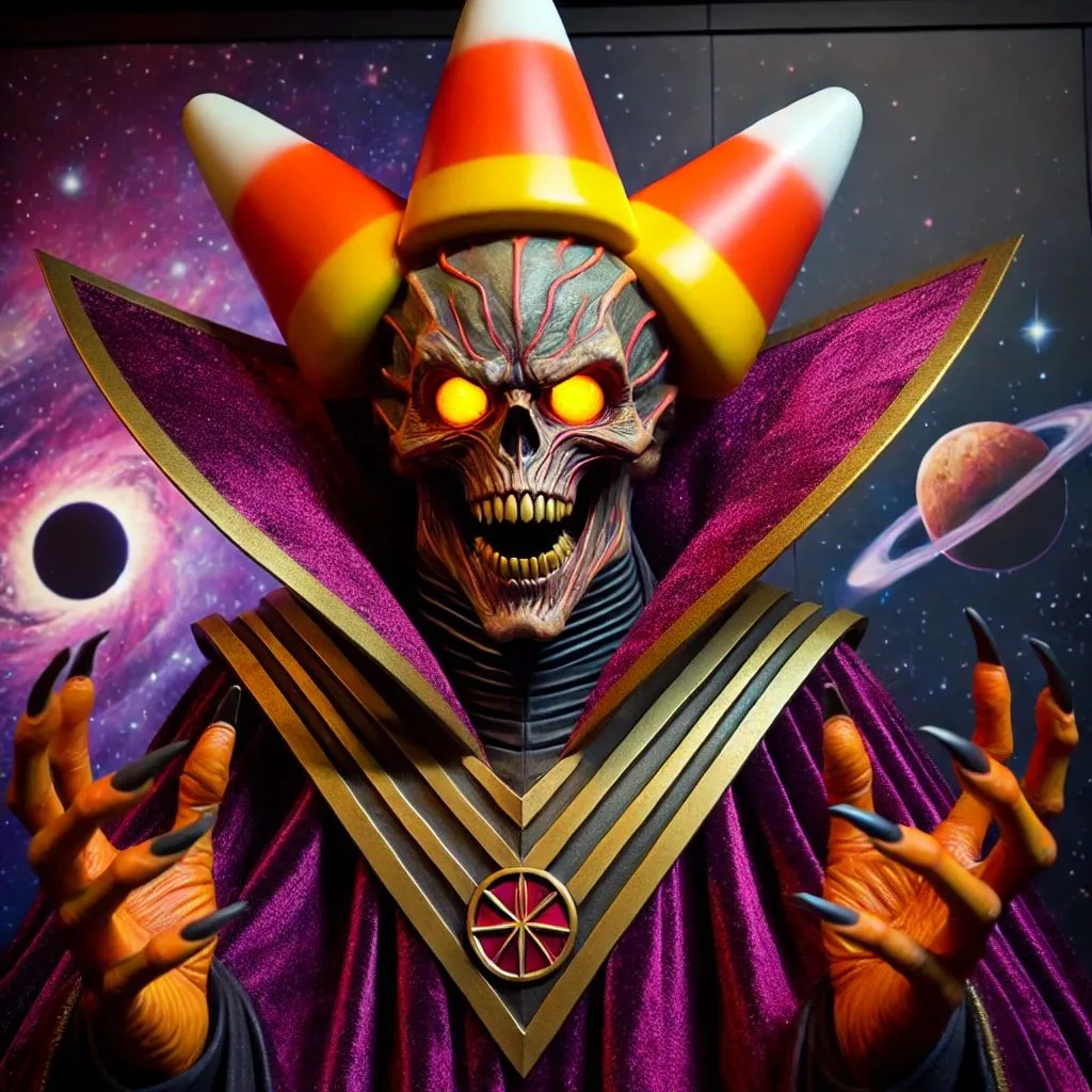 Prompt: Grand Alien Demon Priest, Candy_Corn Demon Horns, Deep Purple_Cloak, Death Eating Grin, Hands Stretching far, Yellow Bright-Eyes, Devour of Worlds