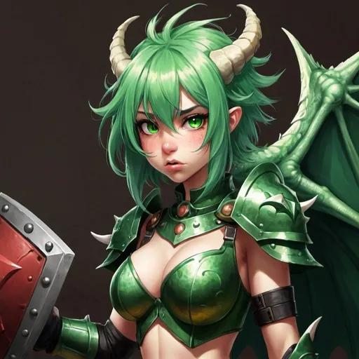 Prompt: Green_Hair, Puffy Dragon Girl, Drunk, Madness Extroverted, Weaponized Assault, Blind Warrior of 50 Legions of Demons, Shield of Dorogon, Unsightly Moron