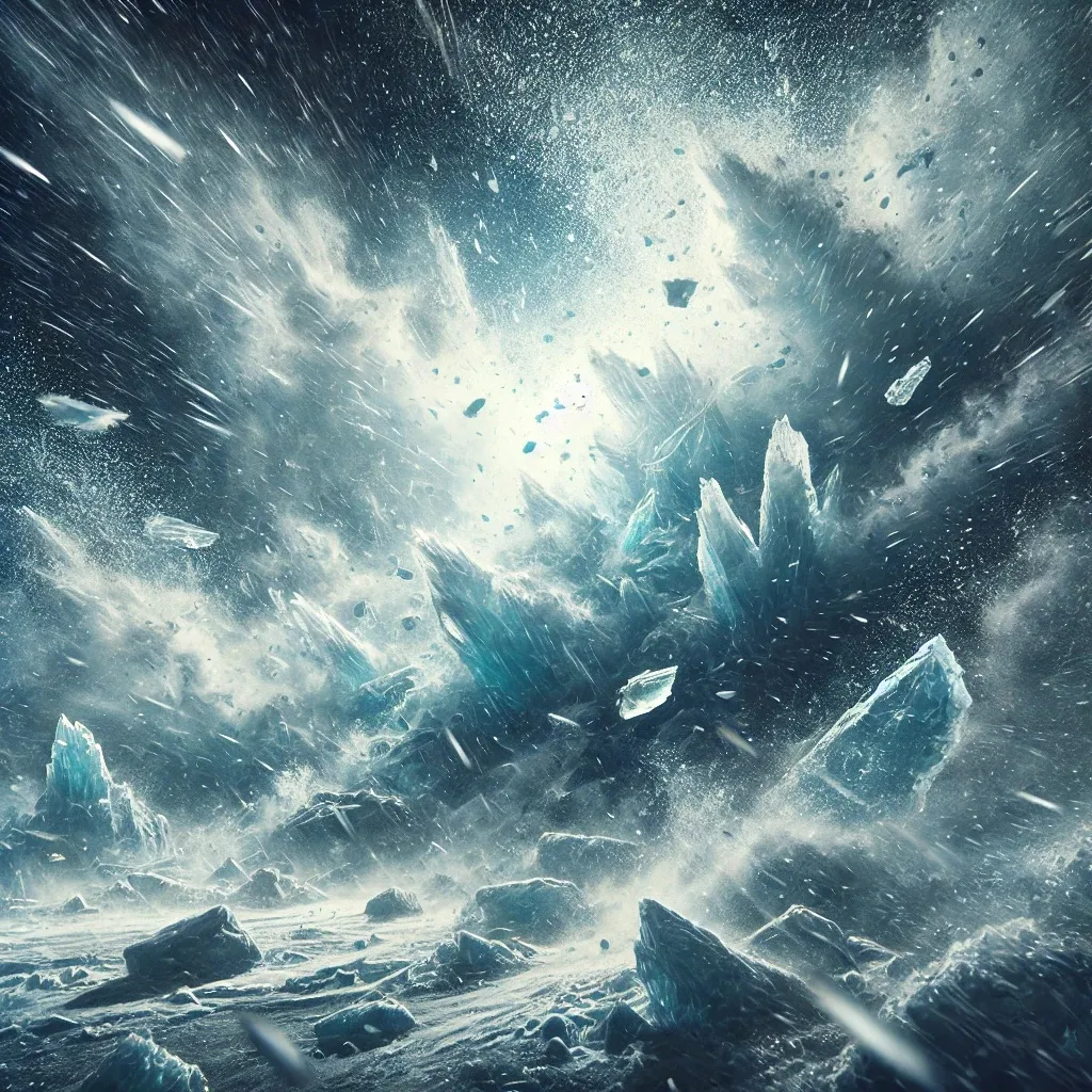 Prompt: ice shattering, winter storm blast