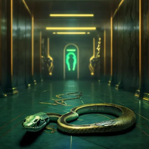 Prompt: Dead Snake, Holy Life Tribune, Futuristic Hallway, Gold-Green Environment, by Ghon Dvaden