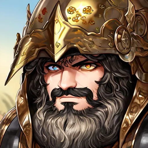 Prompt: Large Centarion, Rusty, Gold Streaming Eyes, Eyes Glaring Through Metal Helmet, Close Up Shot, Persian Nature, Musty Facial Hair, Articulate Focus