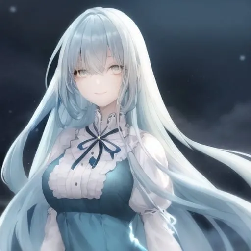 Prompt: Beautiful girl with long light blue hair. She has pretty light yellow eyes and is smiling cutely. Wearing a Dark blue dress. At night. Her eyes glow.