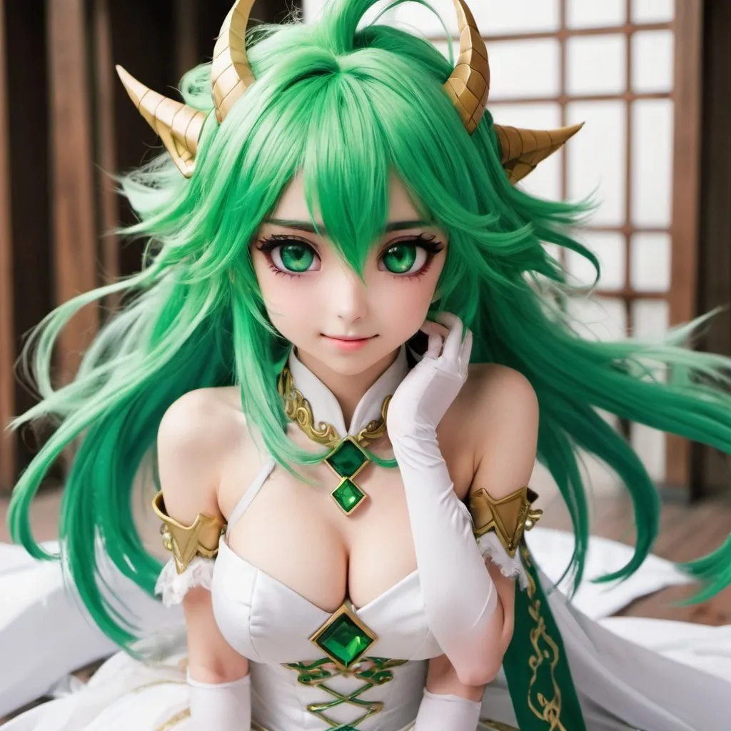 Prompt: Green_Hair, Puffy Dragon Girl, Drunk, Madness Extroverted, Soft Cute Gaze, Blind Warrior of 50 Legions of Demons, Anime, Deck out in Bridal Gear, Vesta Virgo