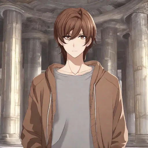 Prompt: Exhausted Hollow Eyes, Brown_Hair, Oversized Grey Sweater, Sahin Elodon, Temple of Athena, Anime, Played2PastGrace