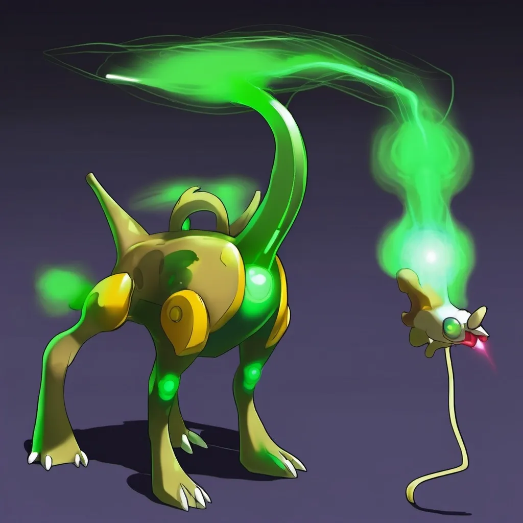 Prompt: Make a Normal Electric Pokemon, This Creature has Long Neck and strange Green Voltage Aura, It eats through internet world all the time, When Cornered it leaks Battery Acid and Eats Cables.