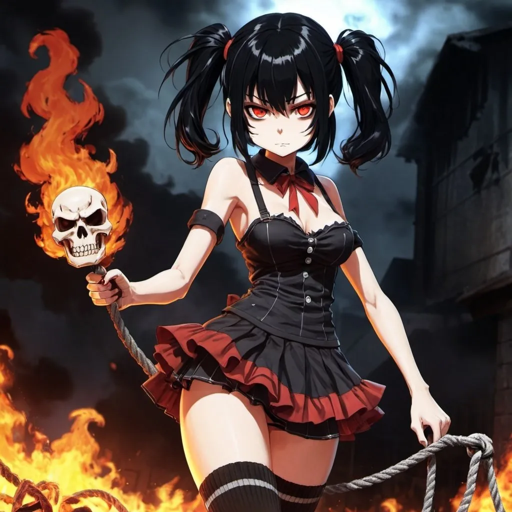 Prompt: Black_Hair, Evil Immoral Girl, Anime, Terrible Woman, Anime, Fire Merge, Small Skirt, Polished Leg-Socks, Puppet Face, Disturbing Imagery, Ropes and Iron Skull