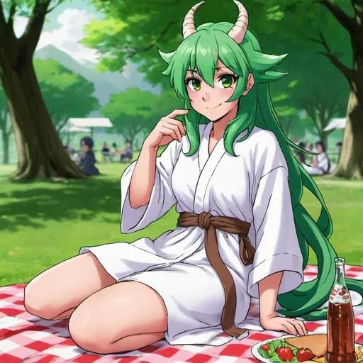 Prompt: Green_Hair, Puffy Dragon Girl, Drunk, Madness Extroverted, Confident, Soft-White_Robe, Blind Warrior of 50 Legions of Demons, Anime, Picnic Spring, Unsightly Moron