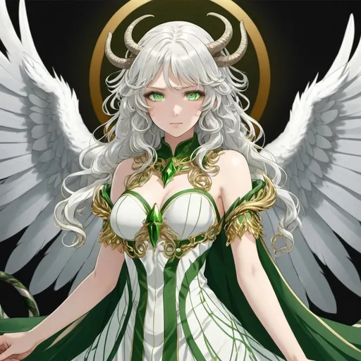 Prompt: Green_Eyes, White_Hair, Holy Women Archangel, Anime, Destroy Evil, Curly Grey Horns, Green Stripe Fringed Ice Dress, Supreme Gold Snake