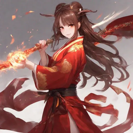Prompt: Brown_Hair, Aries, Ram-SpikeFight Girl, Primal Rage of Fire, Chinese-Red Hanfu, Spark of Magnificence 