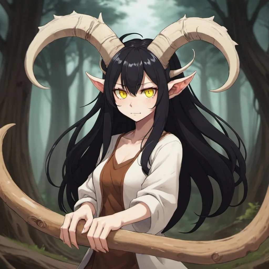 Prompt: Swirl Black_Hair, Faze Yellow_Eyes, Long_White Horns, Wood Root Troll Demon, Slick Crafty Anime Game
