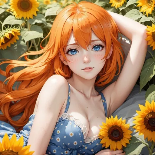 Prompt: Orange_Hair, Blue_Eyes, Freckles, Sunflower Dress, Resting Festive Nature Balance Anime, Lucky Fortune, Articulate