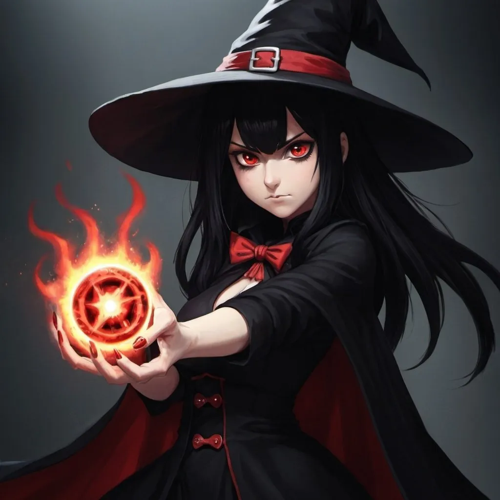 Prompt: Black_Soul, Red_Demonic, Sure Fire Power, Black_Hair, Despicable Witch 