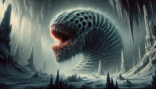 Prompt: Large Beast, [Worm], Multiple Layers of Teeth, Hairy, Haunting Arctic Background, Masterpiece, Peak Resolution [1;3] Made to Set Advent, Grimy Overlay