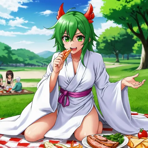 Prompt: Green_Hair, Puffy Dragon Girl, Drunk, Madness Extroverted, Confident, Soft-White_Robe, Blind Warrior of 50 Legions of Demons, Anime, Picnic Spring, Unsightly Moron