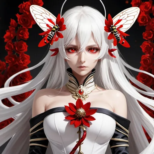 Prompt: Red_Eyes, White_Hair, Flower Hornet Dress, Suppressed Emotional State, Emperor Queen, Stoic, :I