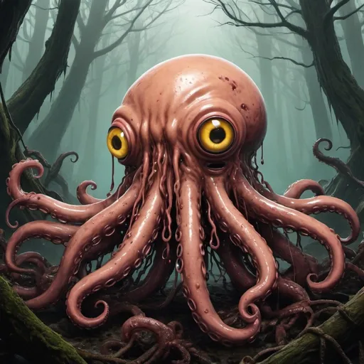 Prompt: Brown Sludge Monster, Yellow_Eyes, Dirty Filmy Subtype, Aggressive Rouge Maelstrom, Honestly Just Awful, Cancer, Total Waste <Squid-Chain>, Forest of Curses, Unregulated Neurotoxin  