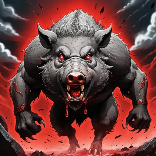 Prompt: Irate Boar, Bloodshot Red_Eyes, Rage mode anime, Ancient Gemstone Impact, Haunted Sky Abandoned by the Gods 8;9