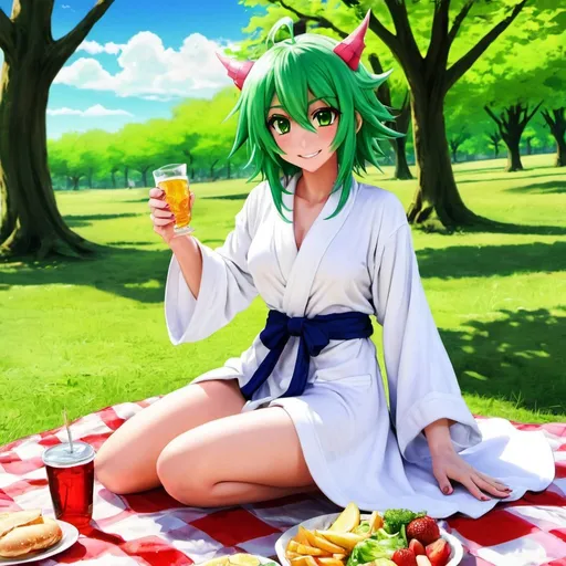 Prompt: Green_Hair, Puffy Dragon Girl, Drunk, Madness Extroverted, Confident, Soft-White_Robe, Blind Warrior of 50 Legions of Demons, Anime, Picnic Spring, Unsightly Moron