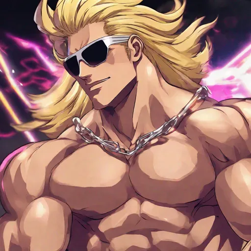 Prompt: Blone_Hair, Sunglasses, Musclebound Hero. True Party Bro-Bro, Anime of Animes, Rider of Power and Energy