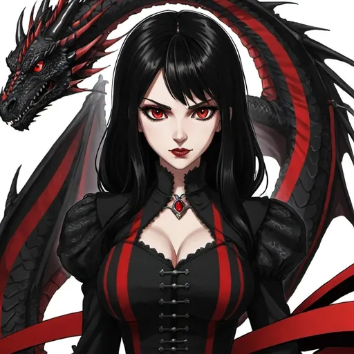 Prompt: WestEnder Anime, Dragon, Red Stripes, Red_Eyes Women, Evil Queen, Wild Danger, Black_Hair