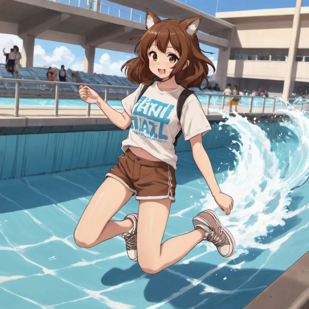 Prompt: Brown_Hair, Format Sneakers, Brown_Bushy Tail, Light-Anime_Girl, Full Allocation, GreatTime, T-Shirt, Wave Pool Movements