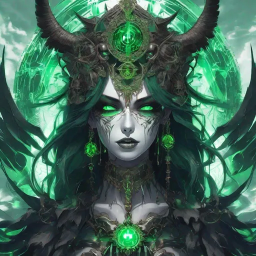 Prompt: Skull Woman Goddess, Terrible Life Death Energy, Green_Eyes, Envy in Soul, Anime