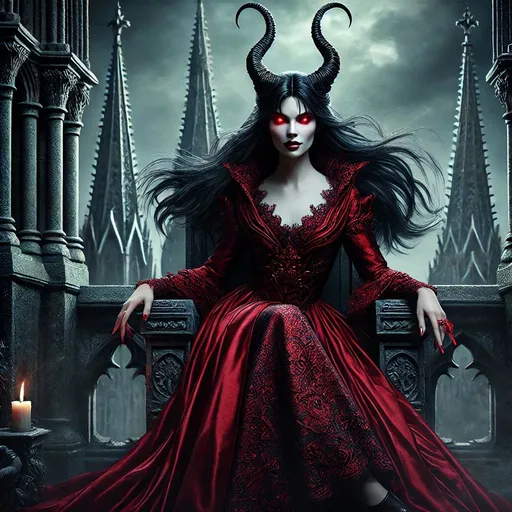 Prompt: Long_Black Hair, Red_Royal Dress, High Details, Evil Horned Goddess, Sitting high upon Catholic Cathedral, Legs Crossed sitting on the throne, Evil, immortal vampire