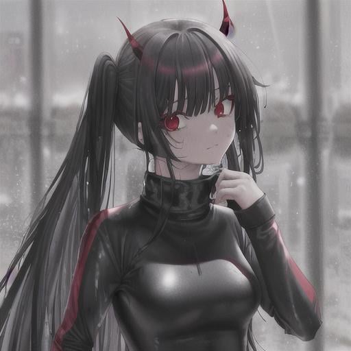 Prompt: Red_Eyes, Long Black_Hair, Wet Suit, Tightly Wound Strings, Natalie Whaller, Satan's Best Pet Girl