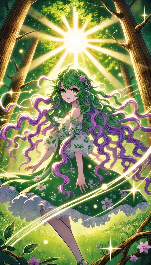 Prompt: Purple_Hair, Wavy_Hair, Green_Eyes, Anime Oriental Style, Green Floral Dress, Protector of the Trees, Full Sunstone Powers, Wide Breezing, Golden Age of June