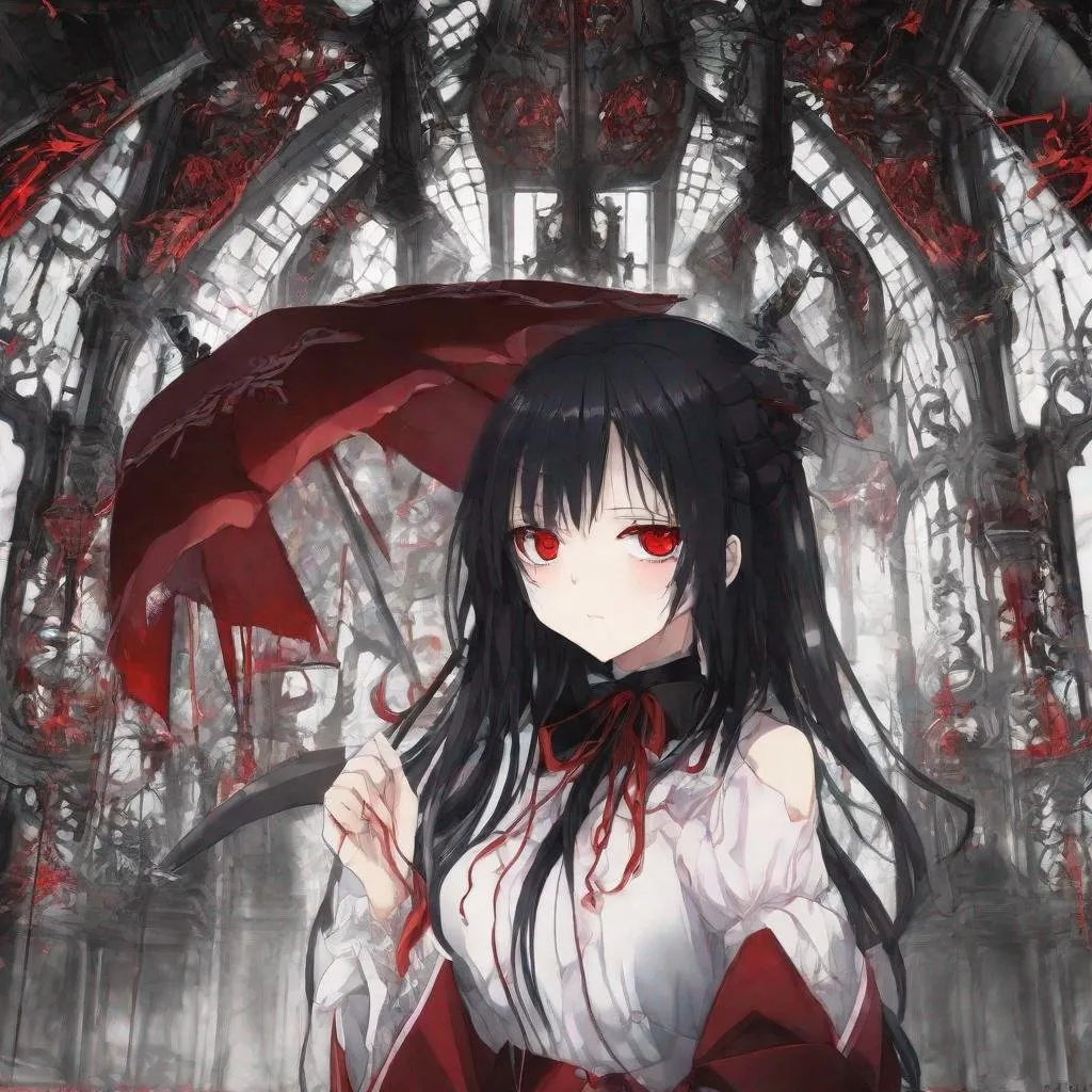 Prompt: Black_Hair, Deep Settled Red-Eye, Hexlien Grand Court of Hell, Anime