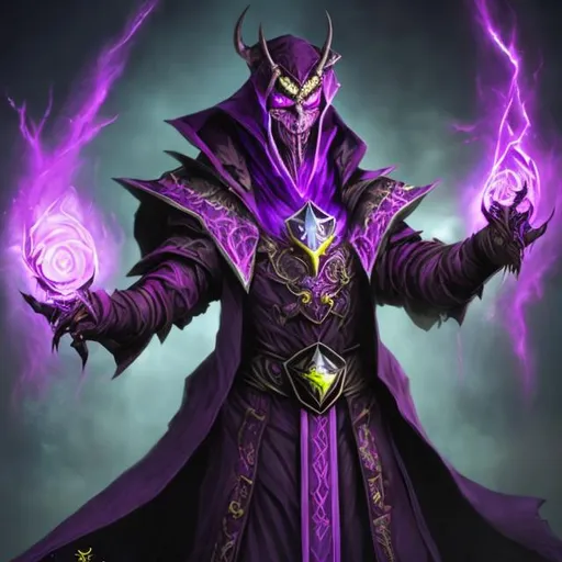 Prompt: Long Purple Warlock, Magenta Igneous Power, Thought Controller, Antagonist, Glaring Yellow_Eyes