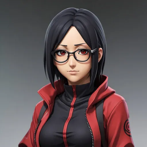 Prompt: Sarada Uchiha, 30 years old, Anime, High Detail, Akatsuki Outfit