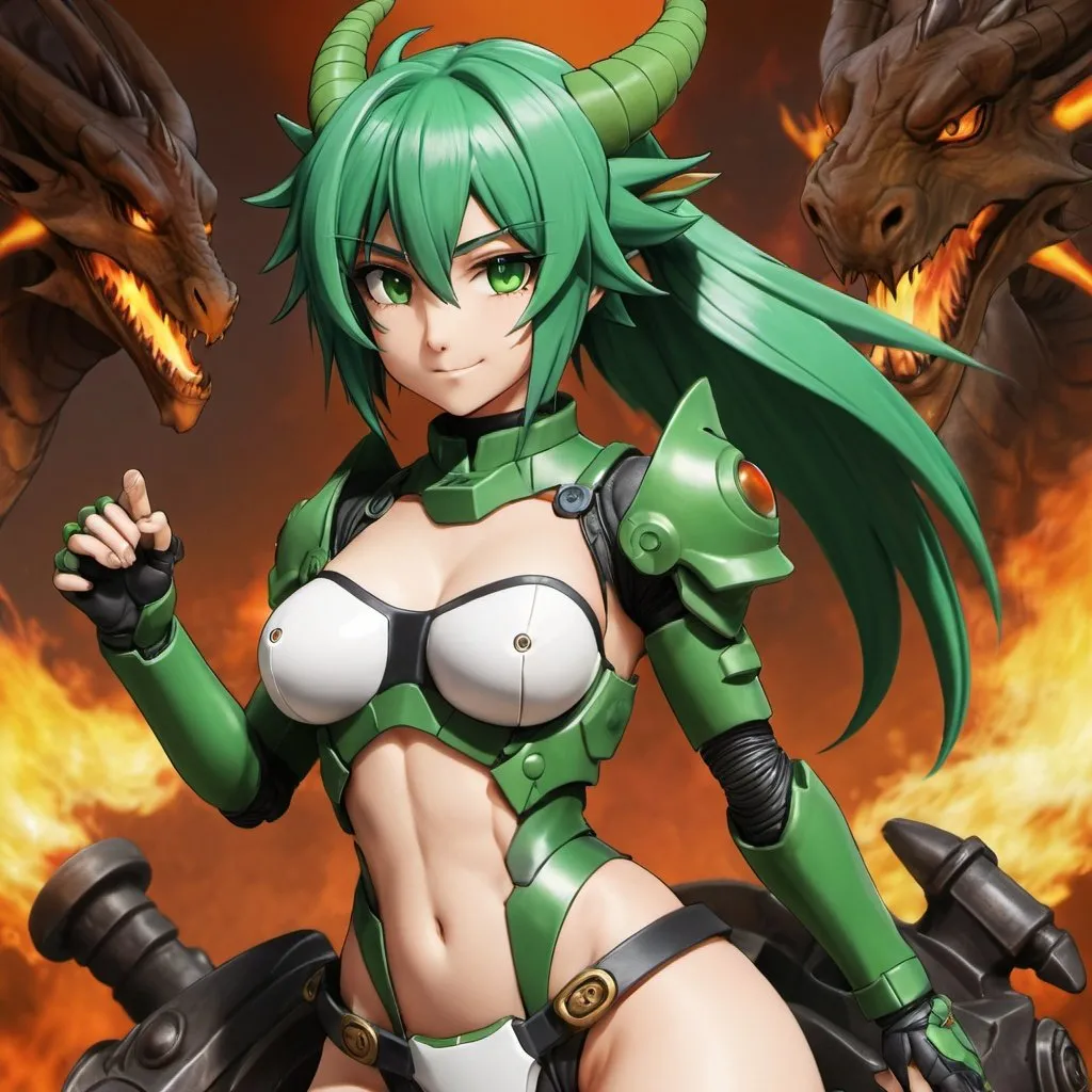 Prompt: Green_Hair, Puffy Dragon Girl, Drunk, Madness Extroverted, Silent Mastery, Blind Warrior of 50 Legions of Demons, Cyborg Retcon, Anime, Clay Iron Heat Mix, Gear, Expansion of Paradise Lost