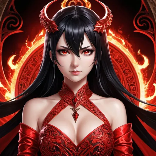 Prompt: Black_Hair, Blazing_Eye-Red, Round Cartoon Head, Lucifer's Daughter, Rage, Royal Gown Neon Red, Inside Job, Anime, Majestic Antique