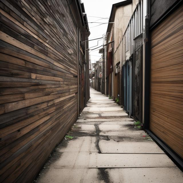 Prompt: Loose Banked Slope Alleyway, Grungy, Brown Plank Wood, Slanted, Back Street Combo, by Sam Gibson