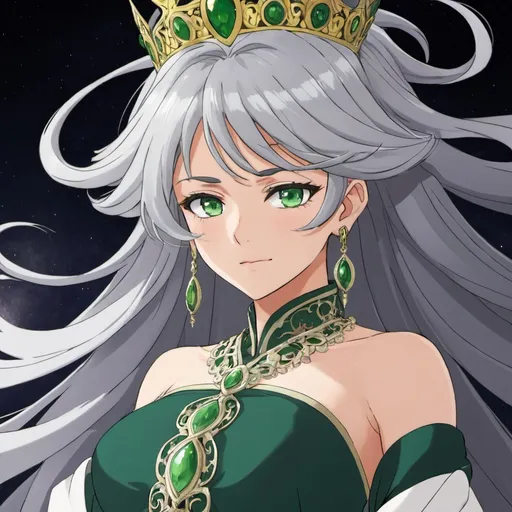 Prompt: Grey_Hair, Green_Eyes, Royal Ojiou Traditional Fit, V-Top, Swirl of Destiny XR Anime, Empress of Totality