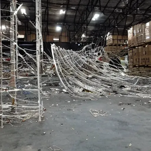 Prompt: Broken Tubes, Wires Everywhere, Damaged Cargo, Empty Warehouse, Ghetto. 