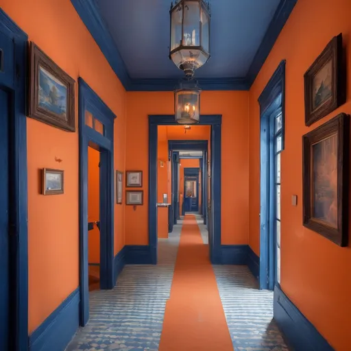 Prompt: Sweet Orange Bliss, Running Through The Passageway, Great Blue Ambience, Lucky Shot of Faded Greatness