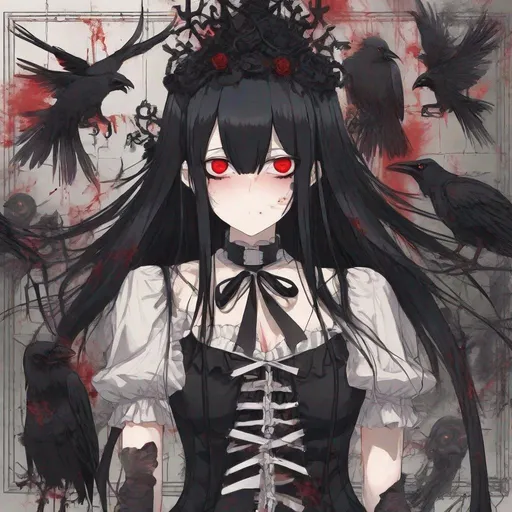 Prompt: Black_Hair, DropDown Corset, Terrible Nightmare Witch, Industry Inc, Anime, Glow Red_Eye, Infection of Crow Damage Reaction, Evil Eyes of Destruction, Daughter of Satan, Awful Stench, Sulfur Bloom